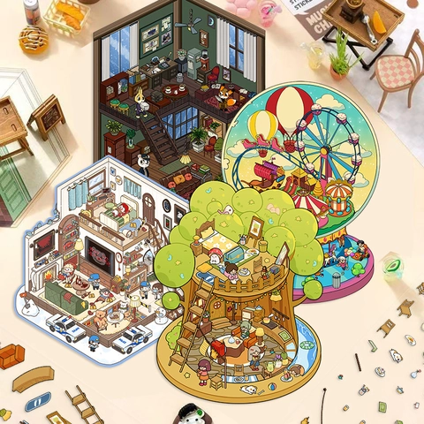 3D Cartoon DIY Miniature Scene PET Stickers Cute House Treehouse Amusement Park Waterproof Decorative Decals For Journal Notebook