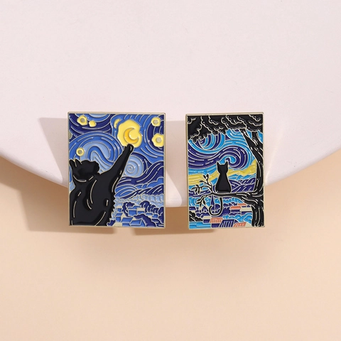 Spilla in Smalto Gatto Artistico Notte Stellata di Van Gogh Lega Rettangolo Pittura Artistica Distintivo in Metallo per Accessori Abbigliamento