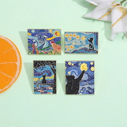 Starry Night Cat Enamel Pin Van Gogh Art Style Cartoon Alloy Brooch For Clothes Bag Backpack Decoration Gift For Art Lovers