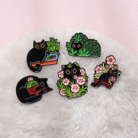 Leuke Cartoon Zwarte Kat Emaille Broche Pin Legering Plant Bloem Gepot Vis Tank Badge Sieraden Voor Tas Kleding Decoratie