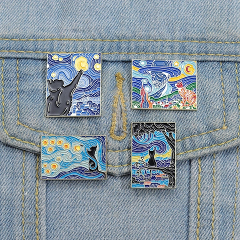 Van Gogh Starry Night Cat Enamel Pins Artistic Alloy Brooches For Women Men Clothes Bag Backpack Decoration Creative Jewelry Gift