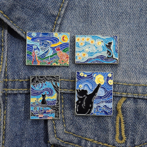 Van Gogh Art Starry Night Enamel Pin Artistic Cat Badge Brooch Jewelry Alloy Baked Lacquer Pin For Bag Clothing Accessories
