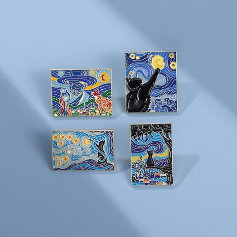 Broche de Esmalte Gato Artístico Van Gogh Noche Estrellada Aleación Rectangular Insignia de Pintura al Óleo Joyería Regalo Para Mujeres Hombres