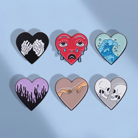 Creative Heart Shaped Enamel Pin Alloy Brooch Wave Skeleton Creation Of Adam Badge Artistic Jewelry Gift For Men Women