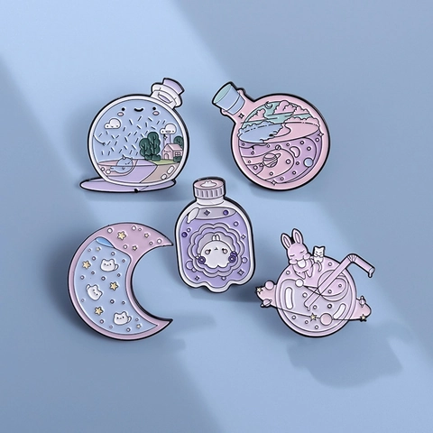 Broche de Esmalte Macarrón de Ensueño Botella de Deseos Dibujos Animados Luna Planeta Conejo Gato Insignia de Aleación para Ropa