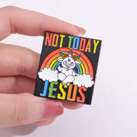 Épinglette en Émail Cartoon Baphomet Not Today Jesus Chèvre Arcobaleno Alliage Broche Style Punk Badge Satirique