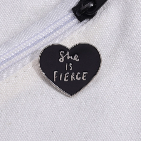 Heart Shaped Black Enamel Pin She Is Fierce Letter Alloy Brooch Metal Badge Clothing Accessory For Bag Jacket Jewelry Gift
