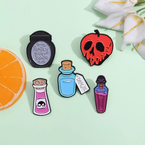 Cartoon Magic Potion Enamel Pin Gothic Skull Poison Apple Deadly Nightshade Drink Me Metal Brooches Jewelry Gift
