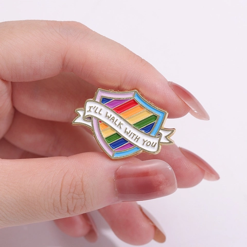 Rainbow Enamel Pin Shield Round Brooch Badge I'll Walk With You Lettering Jewelry Gift For Backpack Jacket Hat Unisex Alloy Pin