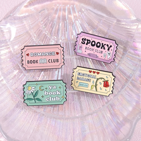 Creative Ticket Shape Enamel Pin Set Book Club Genre Brooches Mystery Romance Horror Alloy Lapel Pins For Readers Gift