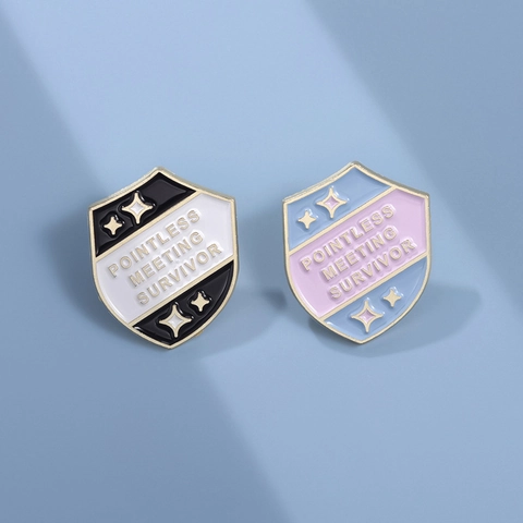 Humorous Pointless Meeting Survivor Alloy Enamel Brooch Shield Shape Metal Badge Funny Office Slogan Pin Unisex Jewelry Accessories