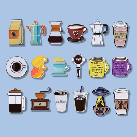 Broches Pin's en Émail Thème Café Dessin Animé Badge Slogan Créatif Tasse à Café Cafetière Moka pour Sac à Dos Unisexe