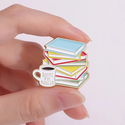 Novelty Alloy Enamel Pin Brooch Gold Plated Book Coffee Cup Stack Sorry I'm Booked Literary Jewelry Gift For Unisex