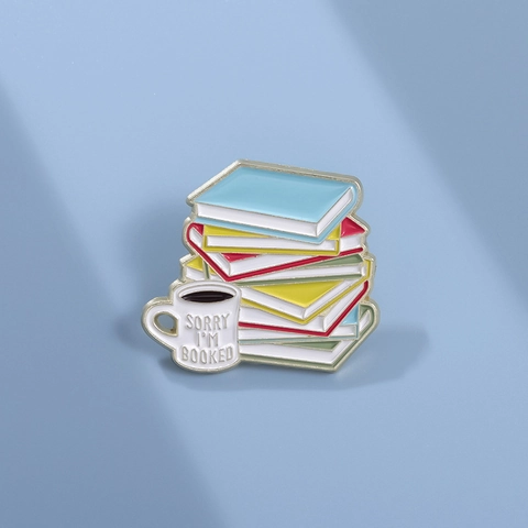 Novelty Alloy Enamel Pin Brooch Gold Plated Book Coffee Cup Stack Sorry I'm Booked Literary Jewelry Gift For Unisex