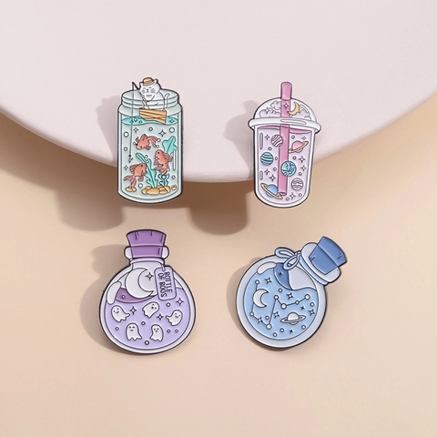 Cartoon Enamel Brooch Pin Cat Fishing Wishing Bottle Celestial Space Ghost Bottle Badge For Backpack Clothing Decor Gift