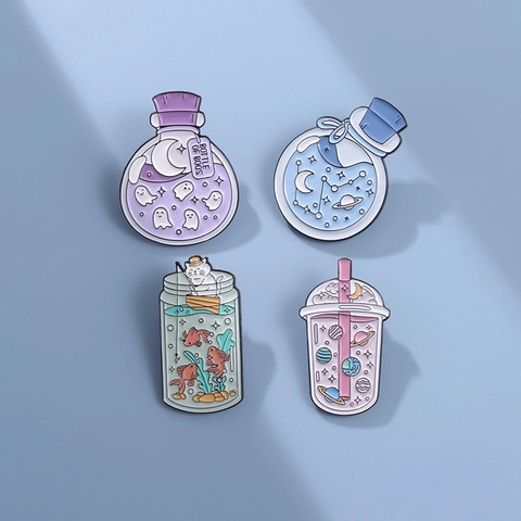 Pin de Esmalte de Dibujos Animados Broche Insignia Gato Pesca Fantasma Botella de Deseos Espacio Universo Aleación Decoración Mochila