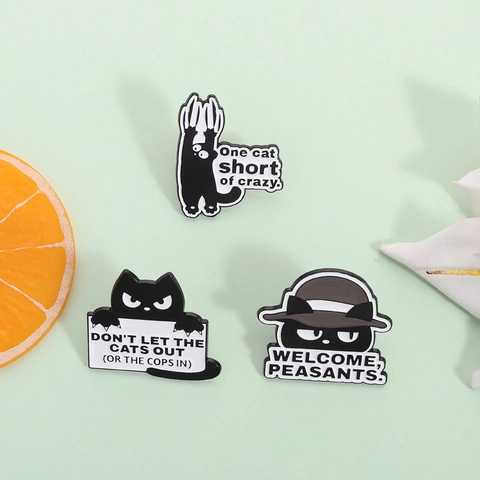 Divertido Pin de Esmalte de Gato Negro Broche de Eslogan de Aleación Insignia de Dibujos Animados Pin de Solapa con Cita de Gato Humorístico Decoración Para Mochilas Chaquetas Regalo