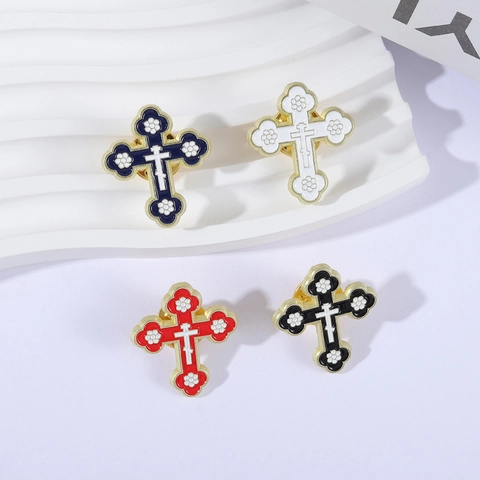 Spilla in Lega Smaltata a Forma di Croce Ortodossa Con Decorazione a Fiori Dorata Distintivo Metallico Gioielli Unisex