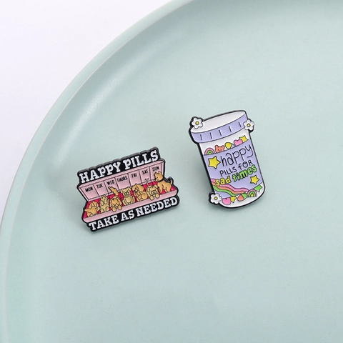 Cartoon Dog Happy Pills Box And Rainbow Bottle Enamel Pin Badge For Backpack Jacket Decoration Healing Letter Brooch Jewelry