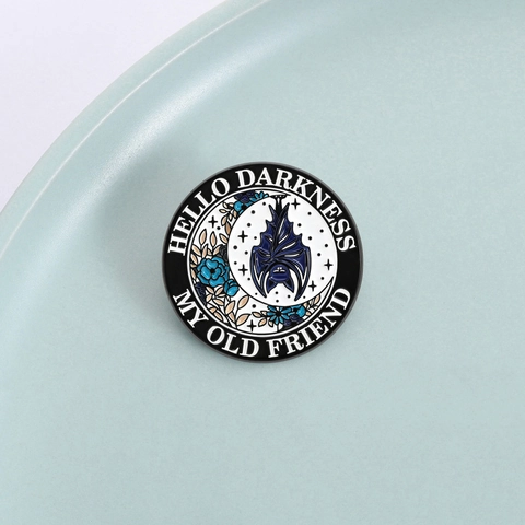 Gothic Bat Moon Enamel Brooch Hello Darkness My Old Friend Zinc Alloy Pin Badges For Halloween Gift Unisex Jewelry
