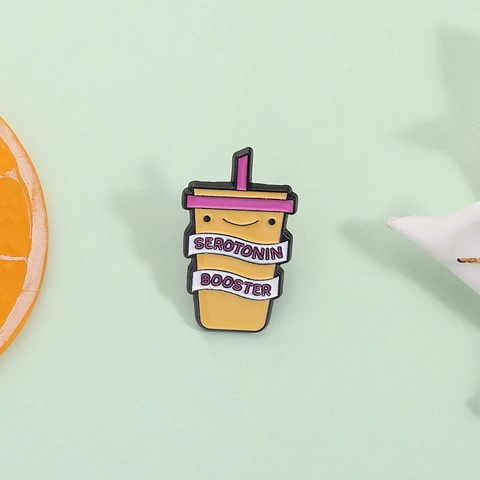 Cute Cartoon Drink Cup Enamel Pin Serotonin Booster Smile Face Zinc Alloy Brooch Badge For Clothing Bags Backpack Jewelry Gift