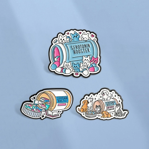 Cute Serotonin Booster Enamel Brooch Zinc Alloy Cartoon Cat Dog Book Pill Bottle Lapel Pin Decorative Badge Gift For Friend