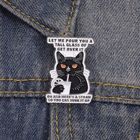Funny Black Cat Drinking Drink Alloy Brooch Cartoon Sarcastic Quote Badge Baking Varnish Pin For Bags Clothes Unisex Jewelry