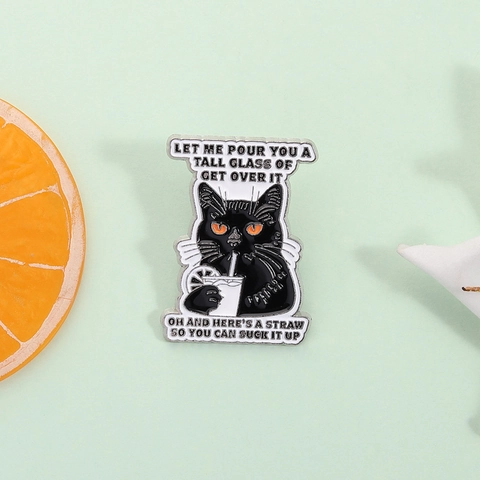 Funny Black Cat Drinking Drink Alloy Brooch Cartoon Sarcastic Quote Badge Baking Varnish Pin For Bags Clothes Unisex Jewelry
