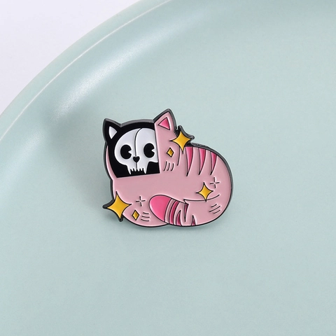 Broche Épinglette Chat Rose Crâne Créative en Alliage Dessin Animé Squelette Animal Motif Étoile Badge pour Vêtements Sac