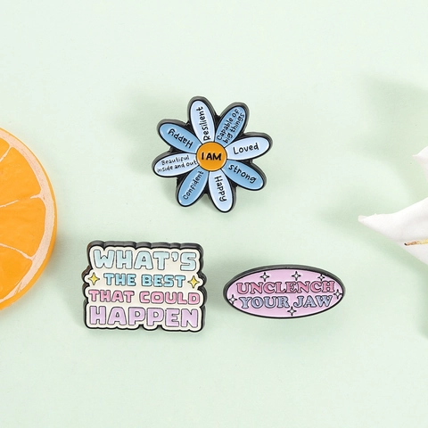 Inspirational Enamel Lapel Pins Healing Slogans Flower Badge Set Alloy Brooches For Clothing Positive Mental Health Gift