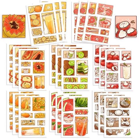 8 Sheets Cartoon Summer Fruit Dessert Collage Stickers Waterproof PVC DIY Scrapbooking Decoration Sticker Set For Journal Tablet