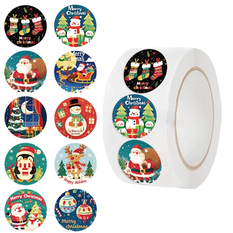 Christmas Stickers Roll Cartoon Santa Snowman Reindeer Round Decorative Sealing Labels For Gift Wrapping Waterproof Self Adhesive