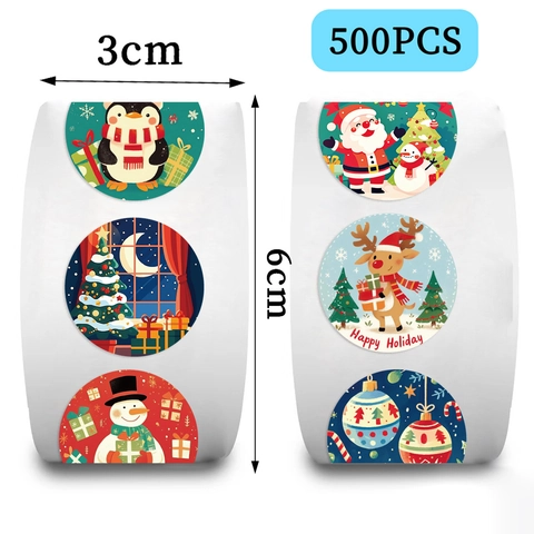 Christmas Stickers Roll Cartoon Santa Snowman Reindeer Round Decorative Sealing Labels For Gift Wrapping Waterproof Self Adhesive