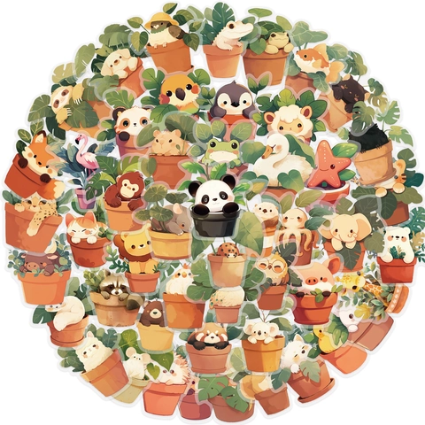 Waterproof PET Transparent Cartoon Animal Potted Plant Stickers For Scrapbooking Journal Laptop Guitar Decoration Kawaii Decals