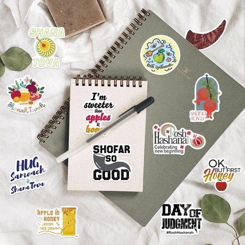 Rosch Haschana Wasserdichte PVC Aufkleber Jüdisches Neujahr Schana Towa Cartoon Schofar Apfel Granatapfel Sticker Für Laptop DIY
