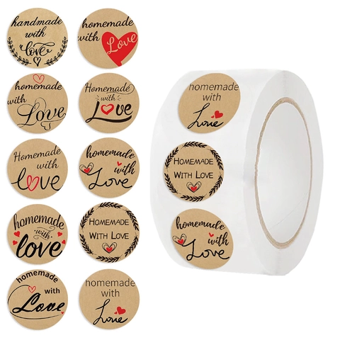 Etichette Sigillanti in Carta Kraft Tonde Handmade With Love per Confezioni Regalo Buste Fai da Te Decorazione Forno