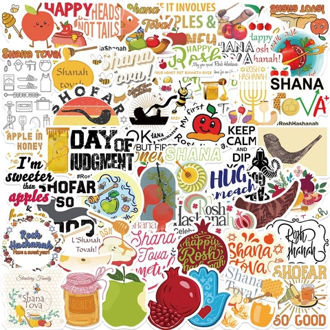 Rosch Haschana Wasserdichte PVC Aufkleber Jüdisches Neujahr Schana Towa Cartoon Schofar Apfel Granatapfel Sticker Für Laptop DIY