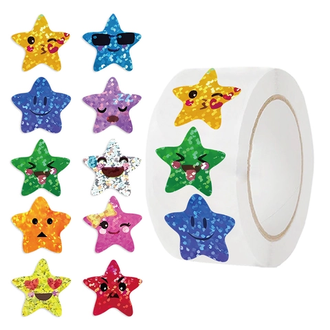 Holografische Stern Emoji Belohnungsaufkleber Glitzer Laser Herzauge Smiley Dekorative Etiketten Für Scrapbook Umschlag Siegel