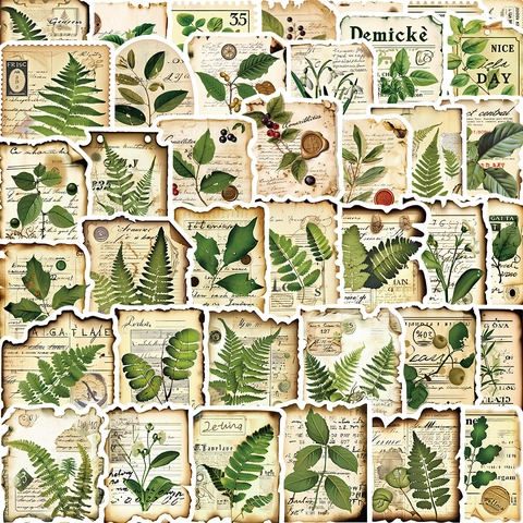 50 Stück Vintage Botanische Aufkleber Wasserdicht PVC Farn Blatt Blume Etiketten Für Scrapbooking Journal Laptop DIY Deko