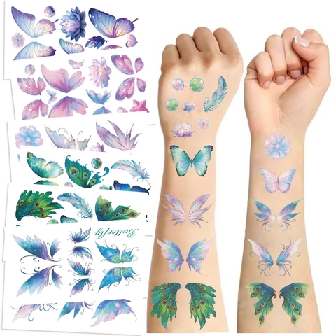 Wasserdichte Schmetterling Temporäre Tattoo Aufkleber Für Damen Kinder Traumhafte Gradient Feder Blumen Body Art Gesicht Aufkleber