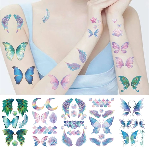 Wasserdichte Schmetterling Temporäre Tattoo Aufkleber Für Damen Kinder Traumhafte Gradient Feder Blumen Body Art Gesicht Aufkleber