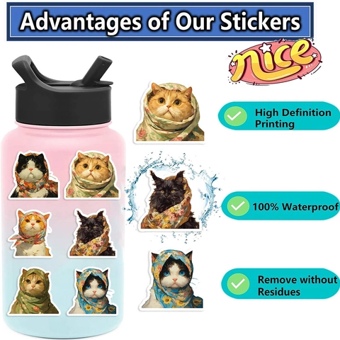 Pegatinas de Gato Babushka de Dibujos Animados Impermeable PVC Vinilo Calcomanías Para Computadora Portátil Botella de Agua Guitarra Maleta DIY Graffiti Floral Pañuelo Pegatinas Decorativas