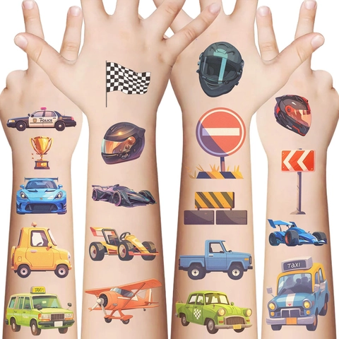 Autocollants de Tatouage Temporaire de Transport pour Enfants Imperméable Voiture Avion Bateau Signaux pour Fête d'Anniversaire