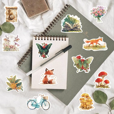 Vintage Waldtiere Pilz Aufkleber Wasserdicht PVC Handbemalt Aquarell Decals Für Laptop Journal Gepäck Gitarre DIY Scrapbooking