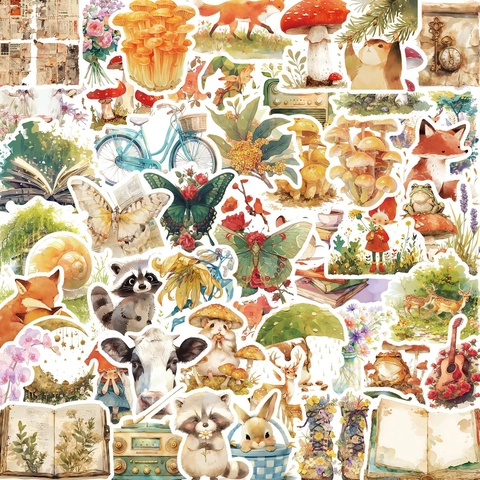 Vintage Waldtiere Pilz Aufkleber Wasserdicht PVC Handbemalt Aquarell Decals Für Laptop Journal Gepäck Gitarre DIY Scrapbooking