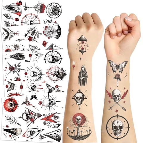 Adesivi per Tatuaggi Temporanei Gotici con Teschio Impermeabili Arte Oscura Decalcomanie Corpo per Festa di Halloween Adulti