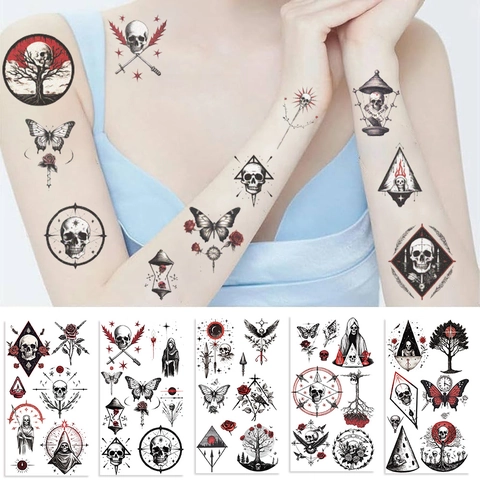 Adesivi per Tatuaggi Temporanei Gotici con Teschio Impermeabili Arte Oscura Decalcomanie Corpo per Festa di Halloween Adulti