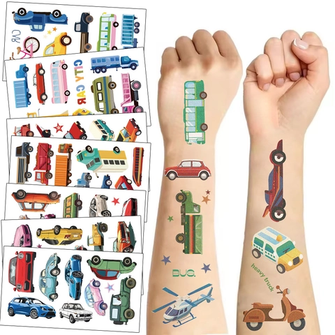 Cartoon Vehicle Temporary Tattoo Stickers For Kids Waterproof Car Bus Truck Airplane Pattern For Birthday Party Favors