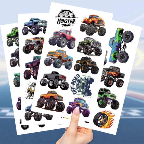 Monster Truck Temporary Tattoos Waterproof Cartoon Dinosaur Off-road Car Tattoo Stickers Kids Boys Birthday Party Favor Decorations