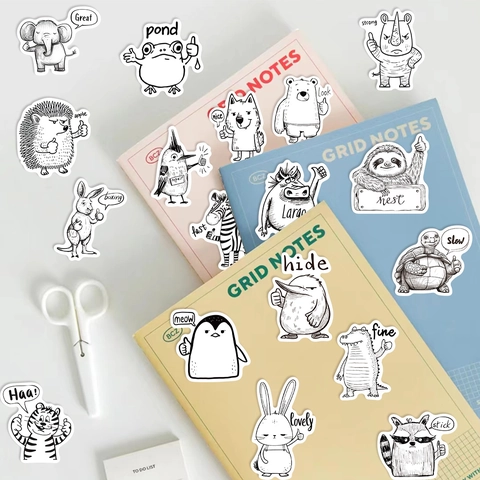 Cartoon Black White Animal Doodle Stickers Hand Drawn Waterproof PVC Decals For Laptop Luggage Guitar DIY Decoration